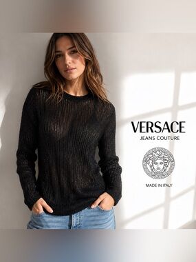 Versace Jeans Couture Y2K Metallic Mohair Knit Sweater Top Italy XL Cyber Glam